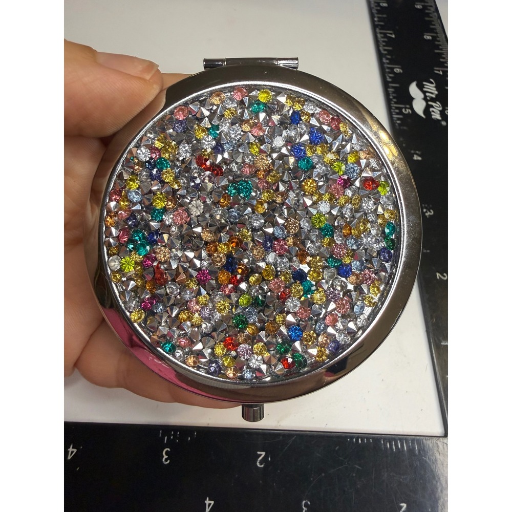 Silver Rhinestone Compact Mirror Inspirational Awesome Reminder Multi-Color